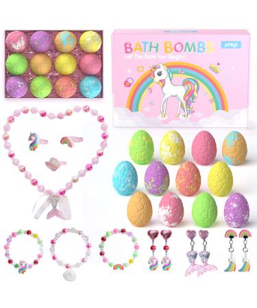 Unicorn Bath Bombs for Girls Kids with Surprise Inside  12+1 Pack Girls Bath Bombs with Jewelry Toys Inside and Mermaid Necklace  Pink Mermaid Dino Egg Bubble Bath Bomb Princess Bath Toys for Girls