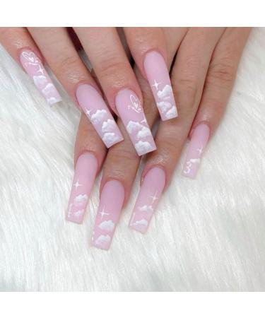 SINHOT Long Coffin Press on Nails Matte Fake Nails with Design Clouds Hearts Pink Ballerina Acrylic False Nails 24pcs Glue on Nails  25 Piece Set 0R-07