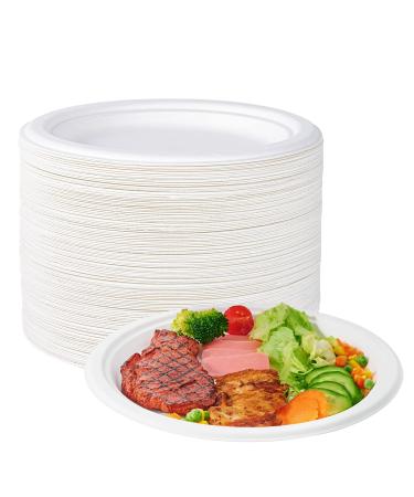ECOLipak 100% Compostable 10 inch Paper Plates, 150 Pack Heavy Duty Paper Plates, Disposable Biodegradable Eco-friendly Sugarcane Bagasse Plates for Party Dinner Birthday(White)