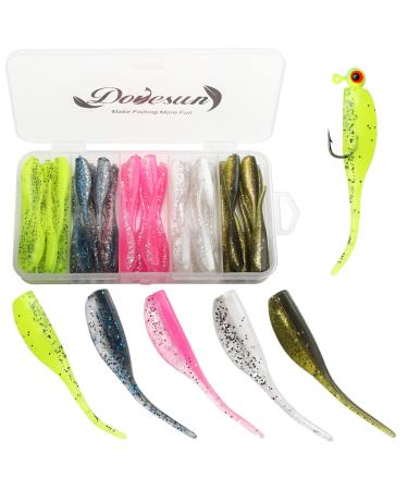 Dovesun Crappie Lures Kit, Soft Plastic Fishing Lures Crappie Walleye Trout Bass Fishing Baits Fishing Grubs -Worms- Minnow-Paddle Tail Swimbaits 60 | 75 | 100Pcs with Trackle Box Shad Minnow Bait-60Pcs