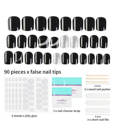 90pcs Short Full Cover Press on Fake Nails - Removable Square Design in Pink, Black, Brown Solid Colors - 12 Sizes for Nail Art, Salons, Home DIY - Buy Online on GoSupps.com