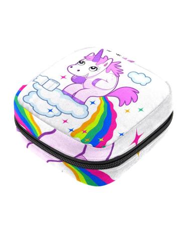 Menstruation pad bag with zipper women's napkin bag tampons collection bags for women and girls (smiling unicorn that fetches a rainbow in the sky)