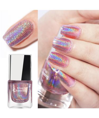 Pink Chrome Nail Polish Holorgraphic Glitter Nail Polish Light Pink Holographic Nail Polish Pastel Pink Reflective Glitter Gel Nail Polish for Girls Women Air Fast Dry Nail Polish Long Lasting