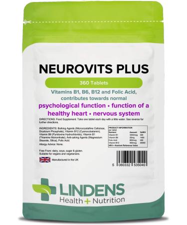 Lindens Neurovits Plus Tablets - 360 Pack - Contains Vitamin B1 B6 B12 & Folic Acid Contributes Towards Normal Psychological Function Healthy Heart & Nervous System - UK Manufacturer Letterbox Friendly 360 Count (Pack of 1)
