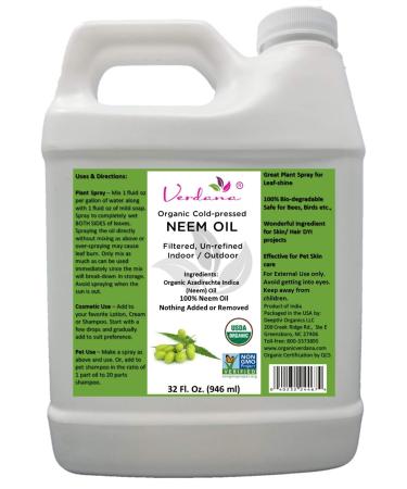 Verdana USDA Organic Cold Pressed Neem Oil 32 Fl. Oz - Non GMO Certified - Unrefined - High Azadirachtin Content - 100% Neem Oil, Nothing Added or Removed - Leafshine, Pet Care, Skin Care, Hair Care - Buy Online on GoSupps.com