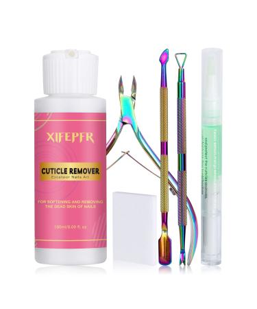 XIFEPFR Cuticle Remover Kit - 6.09 Oz Cuticle Remover Cream Liquid with Cuticle Oil Pen Cuticle Trimmer Cuticle Nipper Cuticle Pusher for Professional Manicure Cuticle Care Nail Salon Home DIY