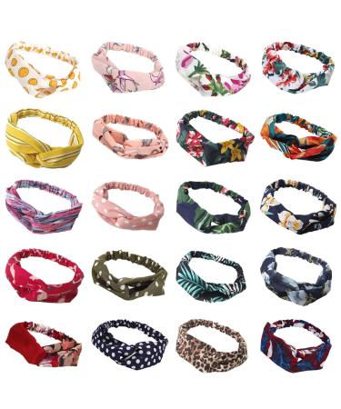 RIY 20 Pack Women Headbands with Twist Knot Boho Flower Print Criss Cross Head Wrap Elastic Hair Band - A