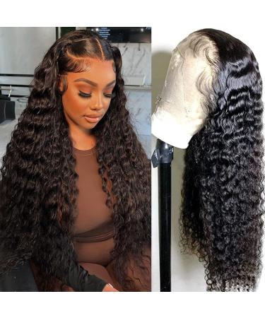 26 Inch Deep Wave Lace Front Wigs Human Hair 13x4 HD Transparent Frontal Wigs Human Hair Deep Wave Lace Frontal Wigs for Black Women 180% Density Deep Curly Frontal Wig Pre Plucked Natural Color