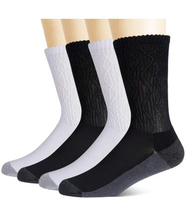 +MD 4 Pairs Mens Non-Binding Moisture Wicking Cushion Bamboo Crew Diabetic Socks with Seamless Toe Black&White 10-13 Black/White(4pairs) 10-13
