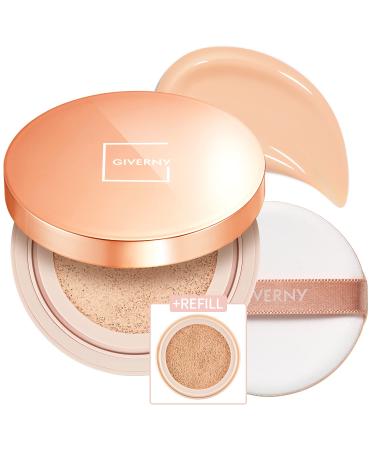 GIVERNY Milchak Cover Foundation Cushion with Refill 21 Light Beige - Moist Finish for All Skin Types - Flawless Coverage Face Makeup - Lightweight Formula for Satin Glass Texture  0.4oz x 2