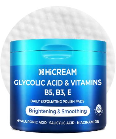 Hicream Glycolic Acid Exfoliating Pads Dual-Textured Facial Toner for Pore Care & Skin Radiance Deep Cleansing Peel with Niacinamide Salicylic Acid & Vitamins E B3 B5 (50 Pads)