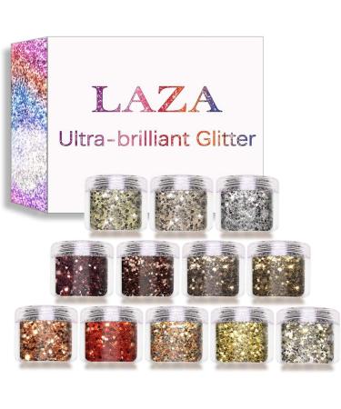 Laza Autumn Nail Glitter Set - 12 Colors Acrylic Powder Sequin for Gel Polish & Nail Art - Retro Copper Iridescent Flake Paillette Sparkle - 120g Golden Age Collection - Buy Online on GoSupps.com