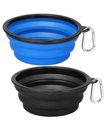 Kytely Large Collapsible Dog Bowls 2 Pack, 34oz Foldable Dog Travel Bowl, Portable Dog Water Food Bowl with Clasp, Pet Cat Feeding Cup Dish for Traveling, Walking, Parking Blue & Black
