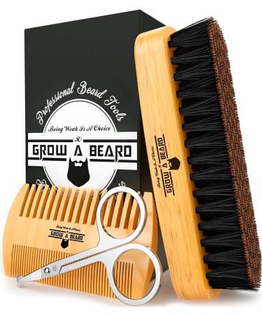 Beard Brush for Men & Beard Comb Set w/ Mustache Scissors Grooming Kit, Natural Boar Bristle Brush, Dual Action Wood Comb, and Travel Bag Great for Christmas Gift Bamboo