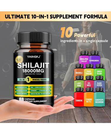 Shilajit Capsules 18000mg (60 Capsules) 10 in 1 - Shilajit Extract with Ashwagandha Rhodiola Rosea Panax Ginseng Cordyceps Turmeric Ginkgo Fulvic Acid Trace Minerals Supplement Gluten Free 60 Count (Pack of 1) - Buy Online on GoSupps.com