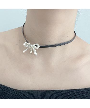 OralGos Faux Pearl Bow Pendant Necklace | Stylish Clavicle Chain & PU Leather Jewelry - International Shipping - Buy Online on GoSupps.com