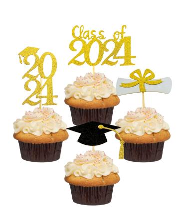 Glittery Graduation Cupcake Toppers (48 Pieces) Gold and Black Class of 2022 Graduation Cap Diploma Cupcake Toppers for Graduation Party 2022 Grad Congrats Graduation Dessert Decoration Picks