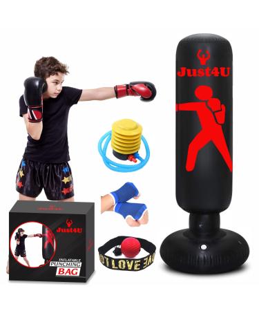 ALPHASELL Inflatable Punching Bag - Free Standing Punch Bag with Reflex Ball, Boxing Hand Wraps & Free Air Pump - Immediate Bounce Back Boxing Bag for Indoor & Outdoor Martial Arts Practice, Black