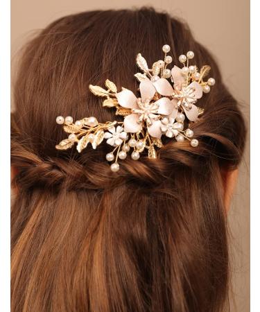 Chargances Bride Gold Flower Leaf Hair Comb Wedding Pearl Beaded Hair Side Comb Dainty Fashion Handmade Hair Accessories for Women Bridesmaid Girls - Buy Online on GoSupps.com