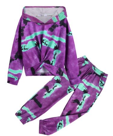 Hopeac 2 Piece Girls Tie Dye Clothes Set Cute Twist Front Tops Sweatshirts Hoodies Sweatpants Tracksuit Sweatsuits Outfits Purple & Green & Black 5-6 Years
