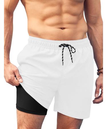 Ai'mage swimming trunks for men with compression liner 2 in 1 bathing shorts men elastic training shorts tunnel train with bags S-XXL M white