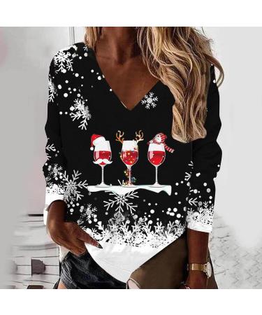 Women's Lightweight Christmas Print Sweatshirt - Loose Fit V Neck Pullover, Snowman Tree Design, Long Sleeve Top - Casual Crew Jersey - Wine (Small) - Buy Online on GoSupps.com