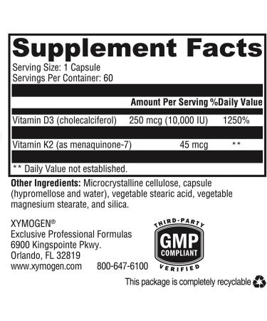 XYMOGEN K2-D3 10000 - Bioavailable Vitamin D3 K2 Supplement for Heart, Arterial, and Bone Health - Immune Support (60 Capsules) - Buy Online on GoSupps.com