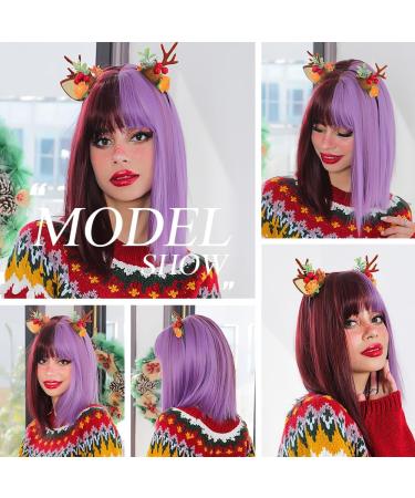 OUFEI half-purple half-wine red Bob Wig With Bangs Short Straight Wig For Women Synthetic Hair Wigs for Daily Party Cosplay Wear - Buy Online on GoSupps.com