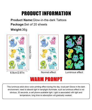 Dinosaurs Tattoos for Kids - 236 Luminous Dino Patterns, Waterproof Glow in The Dark Temporary Tattoos Stickers - Party Supplies for Boys and Girls (20 Sheets) - Buy Online on GoSupps.com