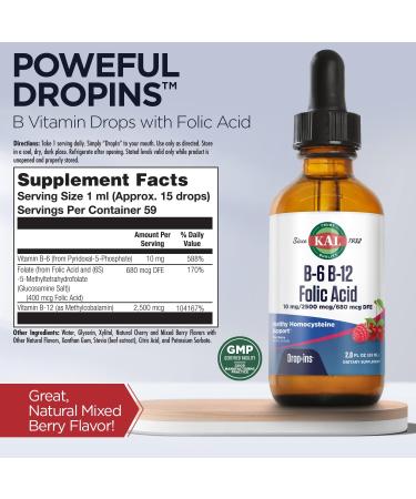 KAL Vitamin B6 B12 Folic Acid DropIns Liquid Supplement - Heart Health Support, Energy Boost - Methyl B12, Folate - Natural Berry Flavor - 59 Servings - 2oz - Buy Online on GoSupps.com