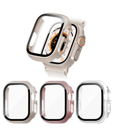 BHARVEST 3-Pack Case for Apple Watch Ultra 49mm with Tempered Glass Screen Protector BHARVEST 9HD Scratch Resistant Hard PC Cover for Apple Watch Ultra Accessories Starlight+Rose Gold+Clear Starlight+Rosegold+Clear 49mm