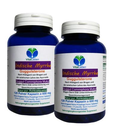 Guggul Indian myrrhe ayurveda guggulsterone 240 (2x120) powder capsules - Commiphora mukul premium quality.Pure nature - without additives - without fillers.Bottled in Germany.26810-2 72 g (2 pack)