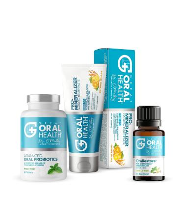 Great Oral Health Dentist Formulated Trio Bundle - Remineralizer Nano-Hydroxyapatite Citrus Blast Toothpaste - Mint Oral Probiotics for a healthy microbiome- OraRestore Oral Health Essential Oil Blend
