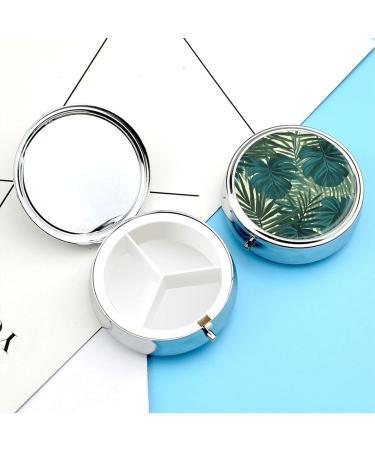 Round Tropical Palm Leaf Print Pill Box - 3 Compartment Decorative Metal Organizer | Portable Pocket Case - Style-36 - Buy Online on GoSupps.com
