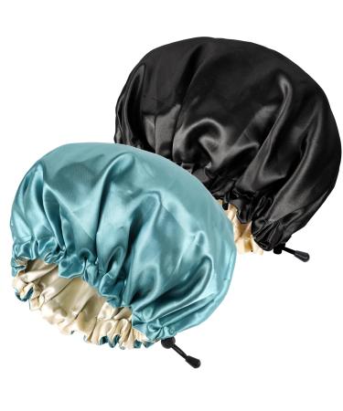Ranphykx 2PCS Satin Sleep Cap Adjustable Double-Sided Sleep Bonnet Bonnet Cap for Sleep (1 Black+ 1 Green) M-XL 1 BLACK+ 1 Green