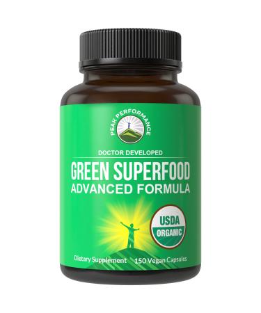 Organic Super Greens 150 Capsules - Green Juice Superfood Supplement with 25 All Natural Organic Ingredients. Max Energy and Detox Super Food Pills with Spirulina, Spinach, Kale, Turmeric, Probiotics