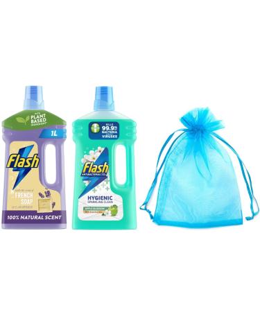 Flash All Purpose & Floor Cleaner Bundle: Flash Traditional Collection Natural French Soap & Lavender 1L+ Antibacterial Apple Blossom with Essential Oils 1L+Our Gift for You:Organza Bag Size9x7x0.1cm