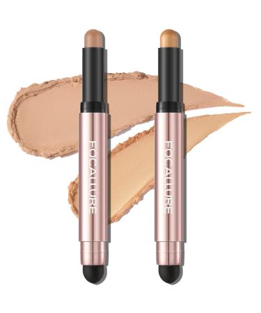 FOCALLURE 2PCS No Crease Eyeshadow Stick Shimmer and Matte Cream Eyeshadow Pencil Crayon Long Lasting Waterproof Eye Brightener Stick With Blending Brush Lazy Afternoon