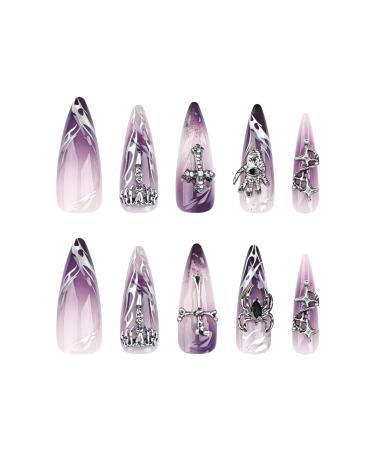 2 Piece Set Reusable Glue Gel Gothic Mauve Nail Gradient Finger Metal Cross Charm Design Spider Decal Halloween Cross Pattern Punk Suitable for Female Girls Almond Nails Purple Gradient 1count