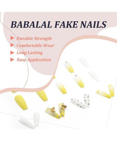 BABALAL Long French Fake Nails: Matte Yellow Ballerina Butterfly Acrylic Press-on Nails - 24Pcs for Women and Girls - Buy Online on GoSupps.com