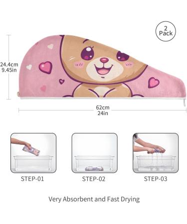 Cute Bear Pink Bow Heart Hair Towel 2 Pack | Super Absorbent Quick Dry Hair Turbans for Women & Girls - Buy Online on GoSupps.com