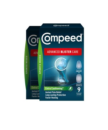 Compeed Advanced Blister Care 9 Count Sports Mixed (2 Packs), Hydrocolloid Bandages, Heel Blister Patches, Blister on Foot, Blister Prevention & Treatment Help, Waterproof Cushions 9 Count (Pack of 2) Sport Mixed Sizes 9ct