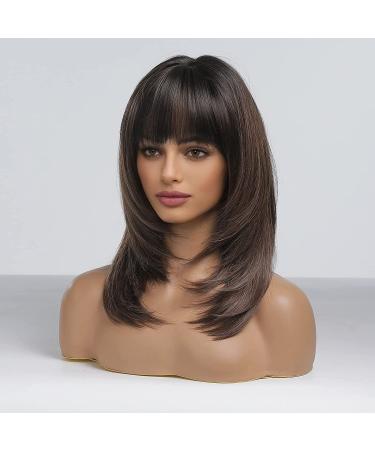 Emmor Ombre Dark Brown Wigs for Women | Long Layered Heat-Resistant Synthetic Fiber Wigs with Bangs - Natural Look for Daily Wear - Buy Online on GoSupps.com