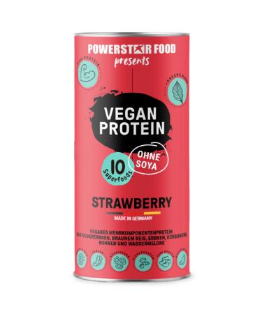 Powerstar vegan protein 500 g |Vegan protein powder without soy |Multi-component protein powder supplemented with 10 superfoods |German production |Strawberry with a whole piece of earth strawberry