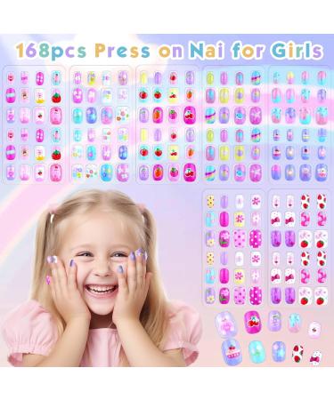 168Pcs Press on Nails for Kids | Shynek Short Acrylic Nails Set | Pre Glue Stickers | Perfect Gifts for Girls | Nail Art Decoration M-Strawberry - Buy Online on GoSupps.com