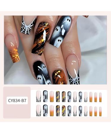 Buy SINSEN Halloween Press on Nails - Long Square Shape Ghost & Spider Web Design - 24Pcs Decorative Fake Nails for Women - Buy Online on GoSupps.com