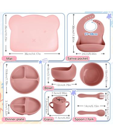 Newtay 8 Pack Baby Feeding Set - Silicone Suction Divided Plate, Bibs, Bowl, Placemat, Spoon, Fork, Cup with Straw - Dark Pink - Toddler Tableware - Buy Online on GoSupps.com