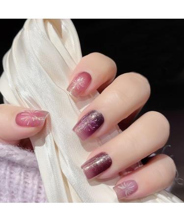 Semi Cured Gel Nails Strips 20 Stickers Nail Wraps Soft Self-Adhesive Purple Firework Gel Nail Stickers Purple Glitter Gel Nail Strips Set with Nail File Wooden Stick & Pre Pads