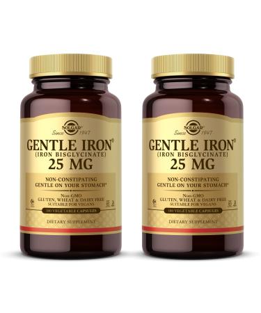 Solgar Gentle Iron (Iron Bisglycinate) 25 mg - 180 Vegetable Capsules Pack of 2 - Non-Constipating Gentle on Your Stomach - Non-GMO Gluten Free - 360 Total Servings