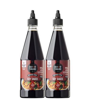 Best of Thailand Low Sodium Soy Sauce | Japanese Style Barrel Aged Lite Dark Soy Sauce | 2 Bottles of 23.65oz Real Authentic Asian-Brewed Marinade Sauce & Glaze for Sushi | No MSG 75% Less Sodium